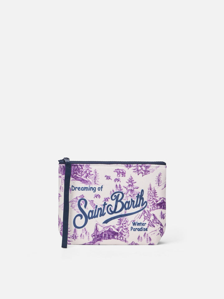 Pochette Aline in tessuto lanoso con stampa toile de jouy invernale