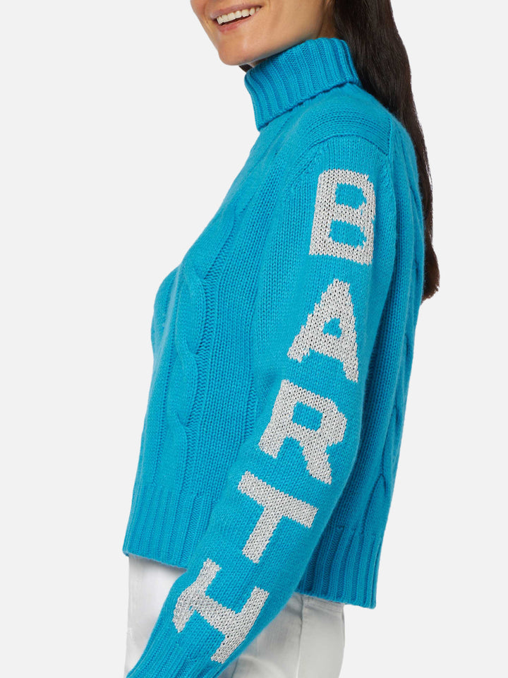 Woman turtleneck braided sweater with Saint Barth jacquard