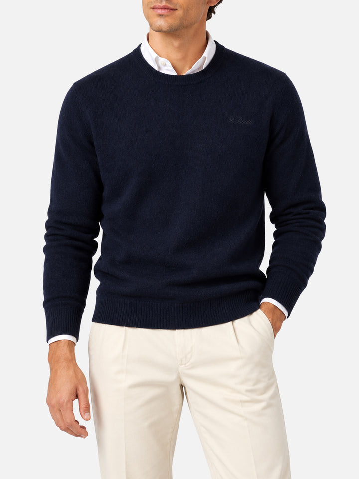 Maglia girocollo Heron blu navy in lana d’agnello con ricamo logo