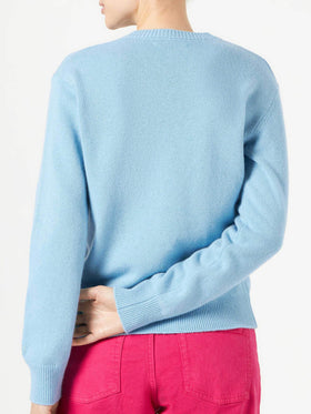 Woman crewneck light blue sweater with Compulsive Shopper jacquard - MC2 Saint Barth