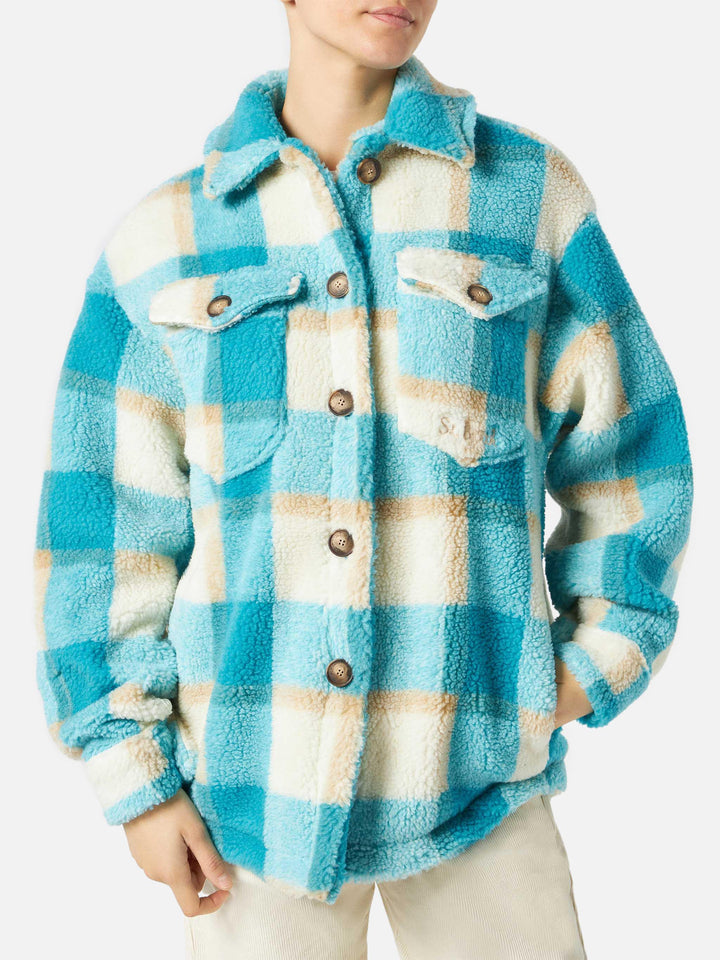 Woman sherpa overshirt with tartan pattern