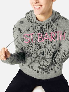 Woman cropped knit hoodie with bandanna print