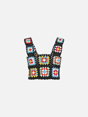 Top Halima in crochet multicolor su base nera