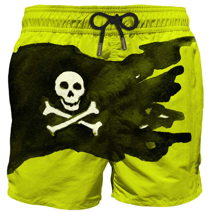 Mid-length swim shorts with skull flag placed print