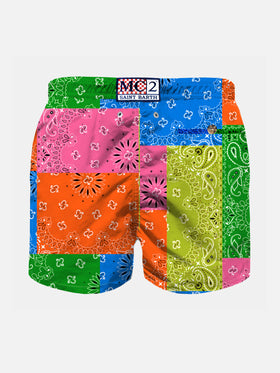 Boy swim shorts with multicolor fluo bandanna print - MC2 Saint Barth
