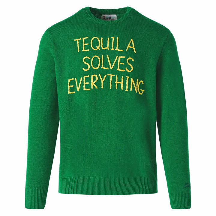 Man green sweater with Tequila solves everything embroidery - MC2 Saint Barth