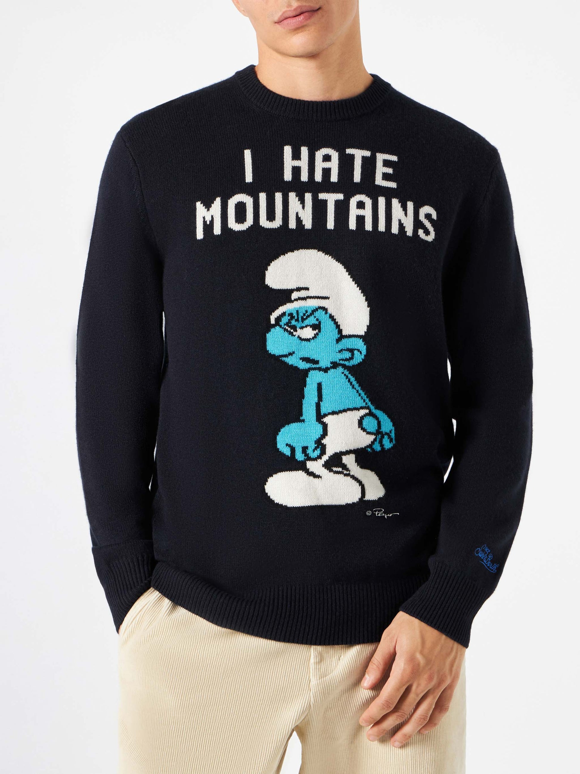 Man blue navy sweater "I hate Mountains Smurf" print | ©PEYO SPECIAL EDITION - MC2 Saint Barth
