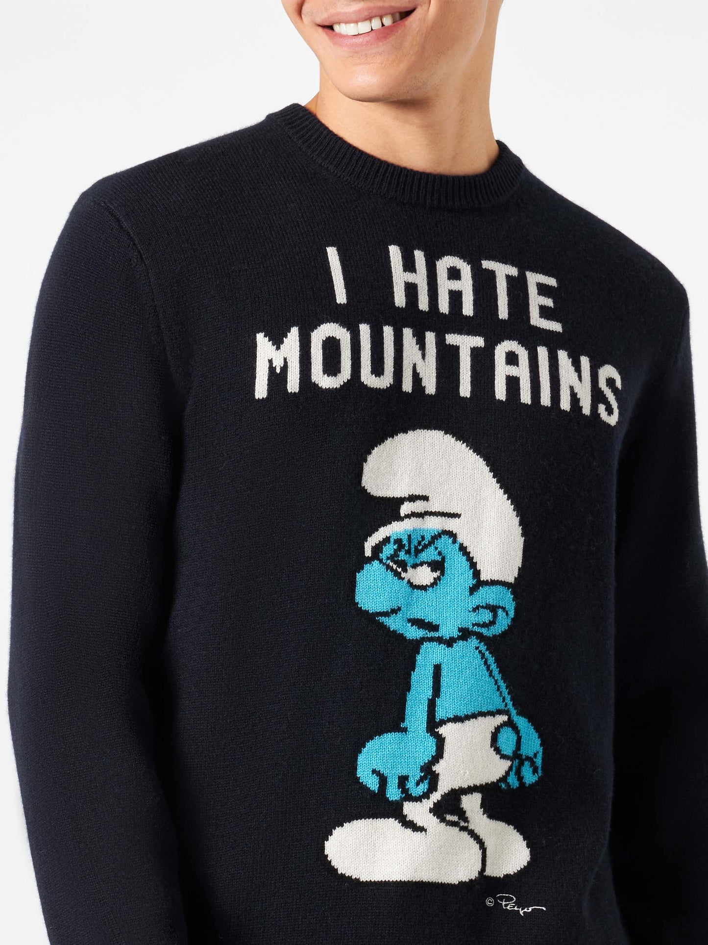 Man blue navy sweater "I hate Mountains Smurf" print | ©PEYO SPECIAL EDITION - MC2 Saint Barth