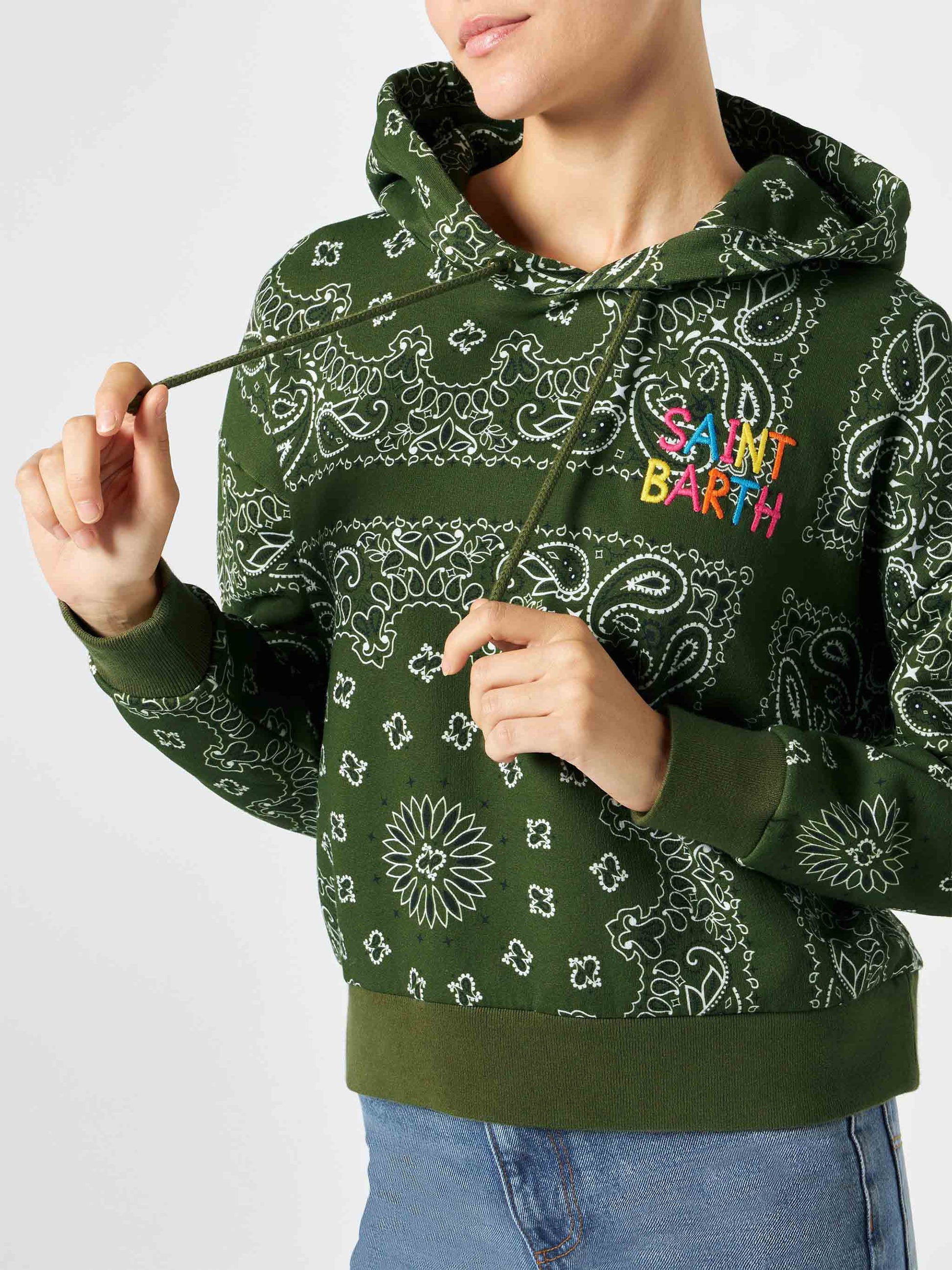 Woman hooded fleece sweatshirt with bandanna print - MC2 Saint Barth