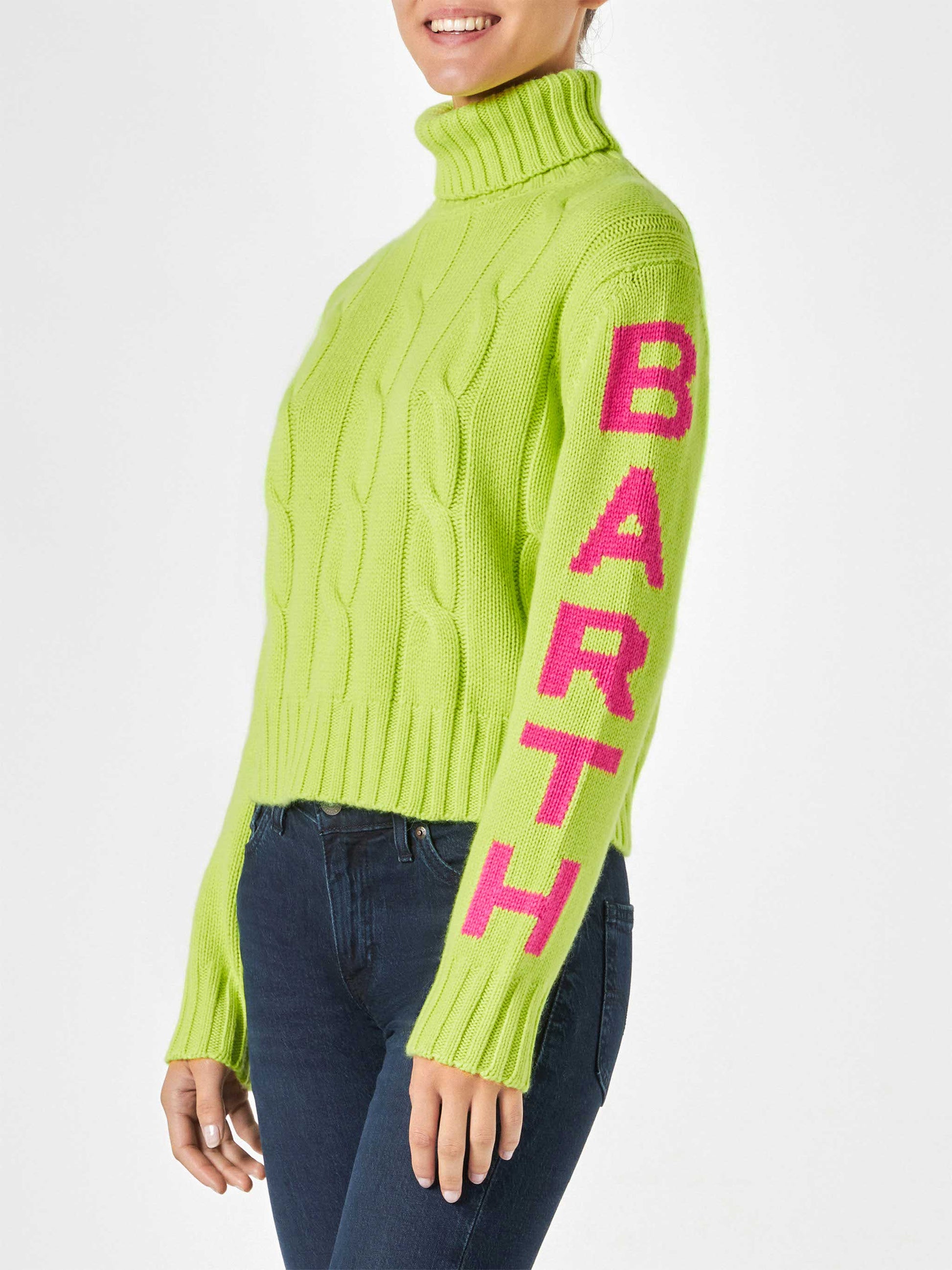 Woman fluo yellow turtleneck braided sweater - MC2 Saint Barth
