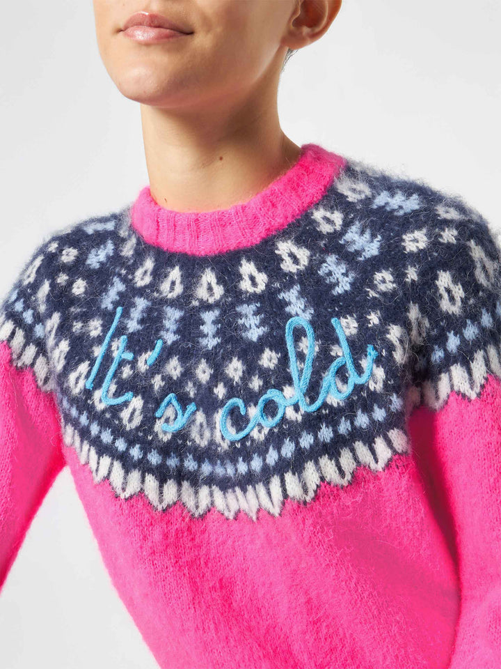 Woman fluo pink crewneck nordic jacquard sweater - MC2 Saint Barth